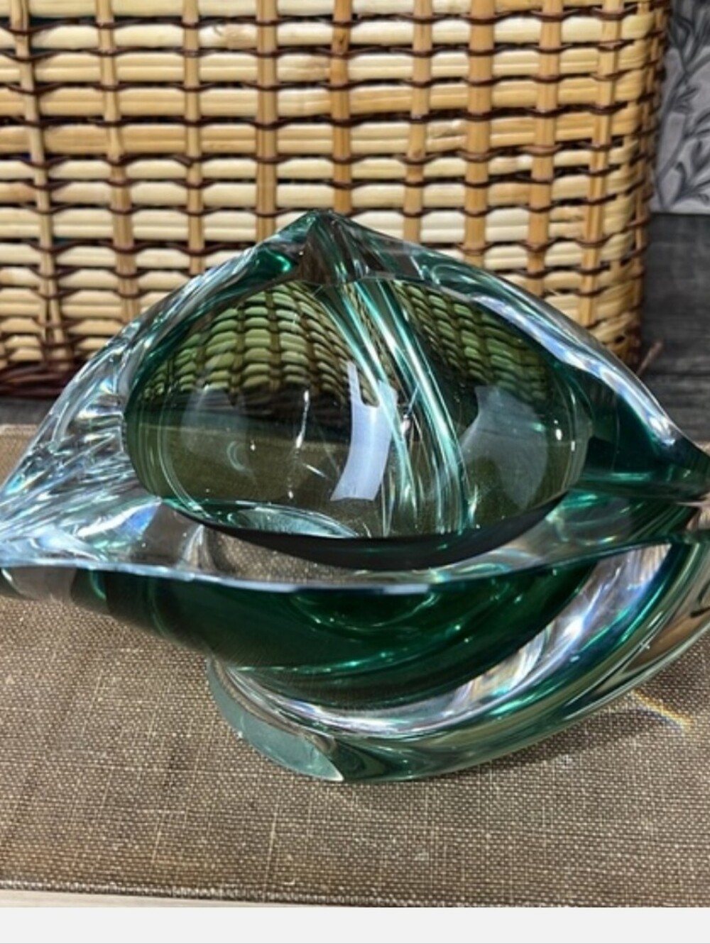MCM Val Saint Lambert Signed Green Swirl Art Glass Bowl Ashtray 1960s